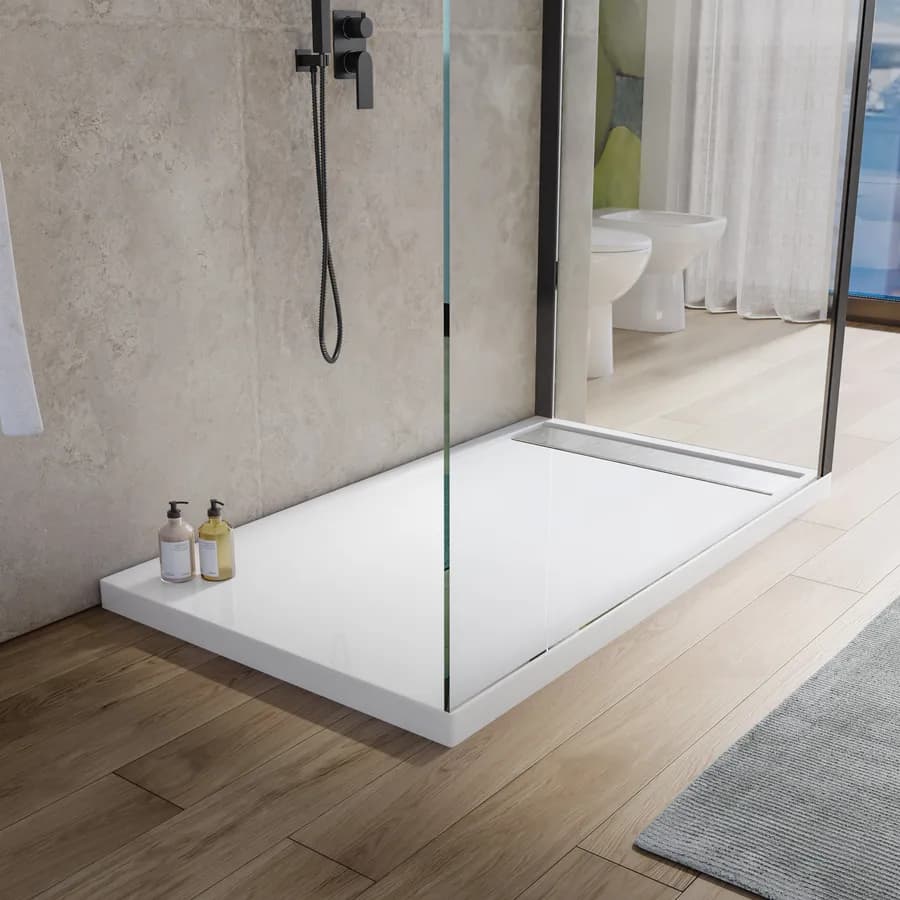 Piatto doccia 160x90 cm in acrilico bianco con canalina in acciaio - Denb