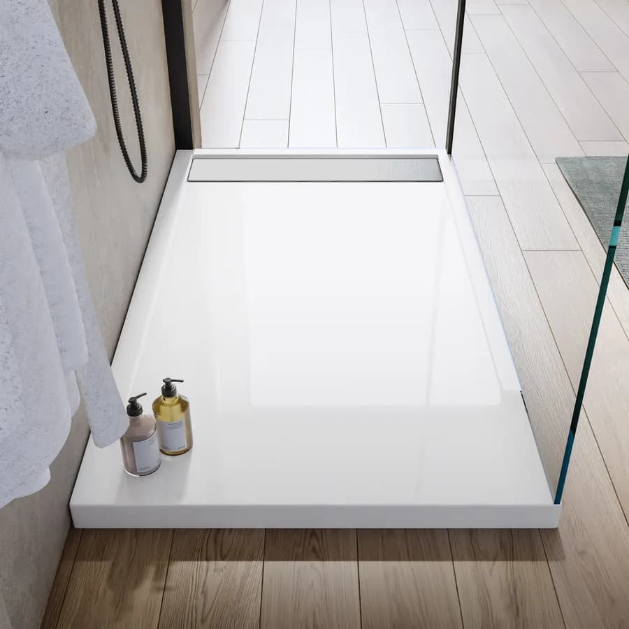 Piatto doccia 160x90 cm in acrilico bianco con canalina in acciaio - Denb