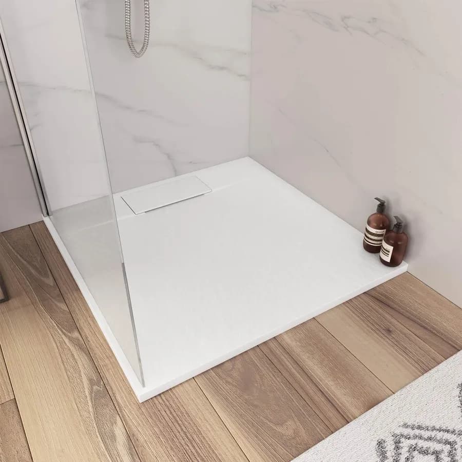 Piatto doccia 80x80 cm riducibile in resina effetto pietra ardesia bianco - Kalf
