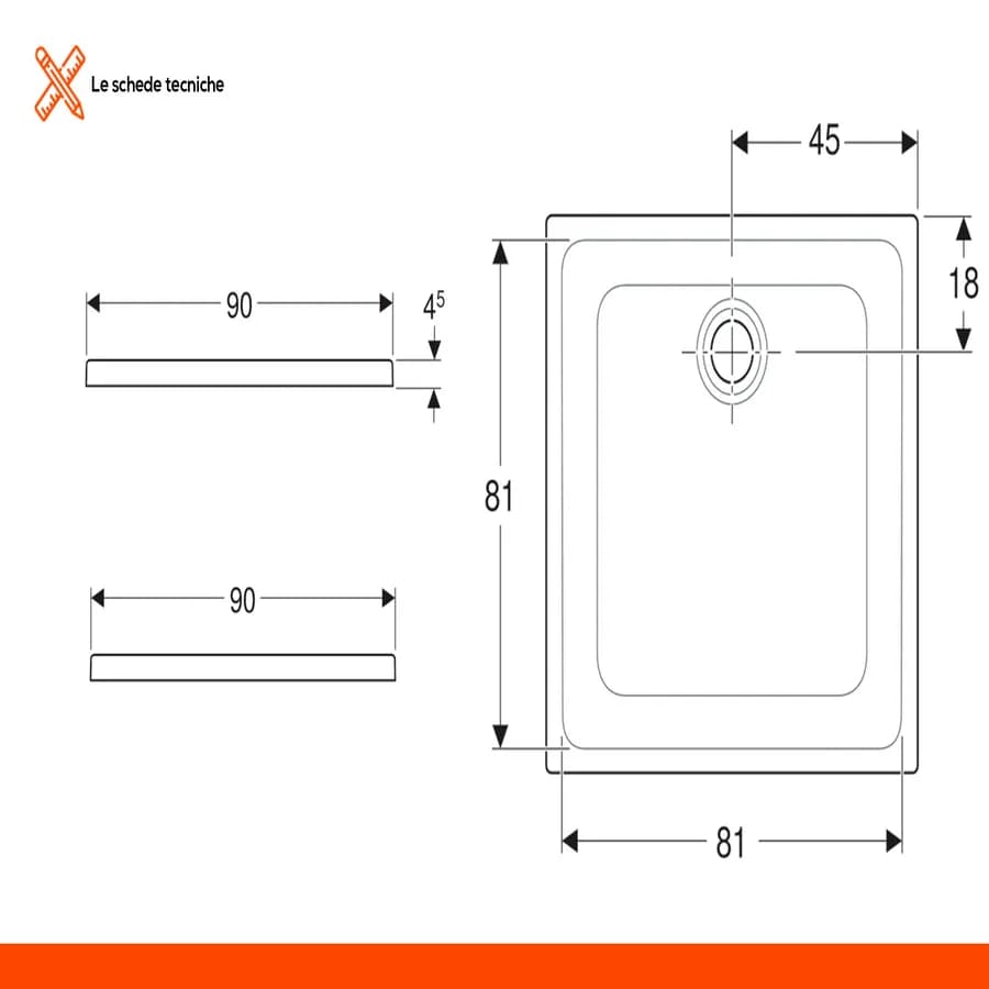Piatto doccia 90x90 cm slim ceramica bianca Serie 45 - Geberit