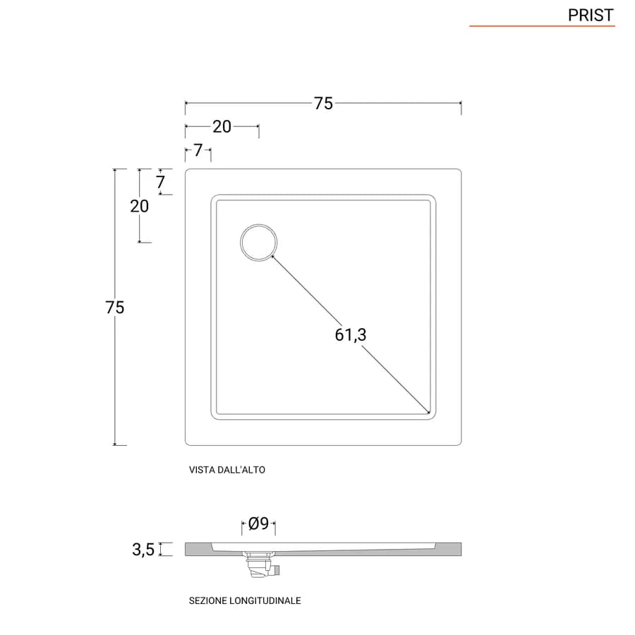 Piatto doccia 75x75 cm ultrapiatto altezza 3,5 cm in policril - Prist