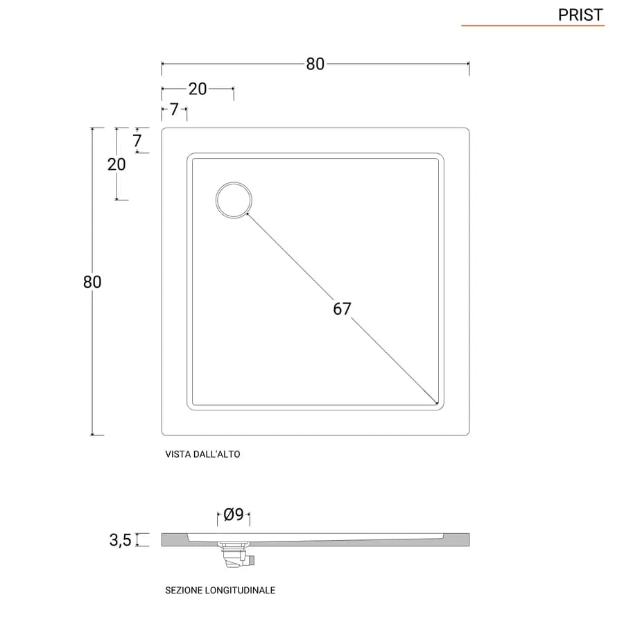 Piatto doccia 80x80 cm ultrapiatto altezza 3,5 cm in policril - Prist