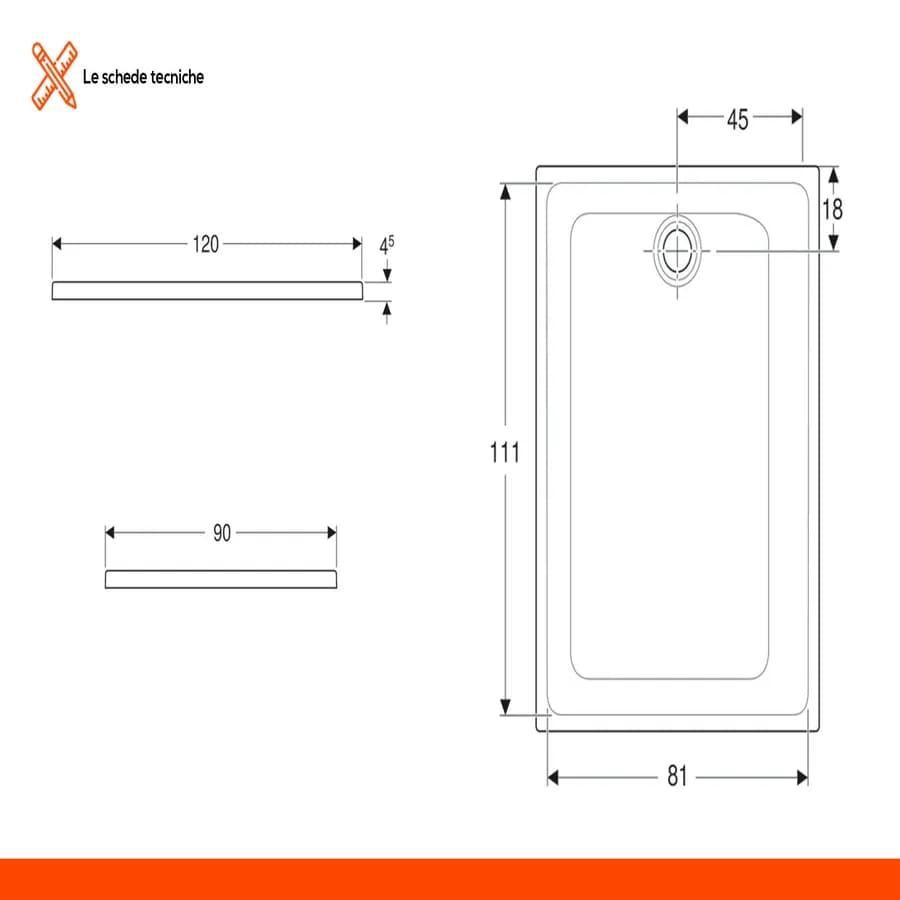 Piatto doccia extrapiatto ceramica 120x90cm Geberit serie 45 bianco