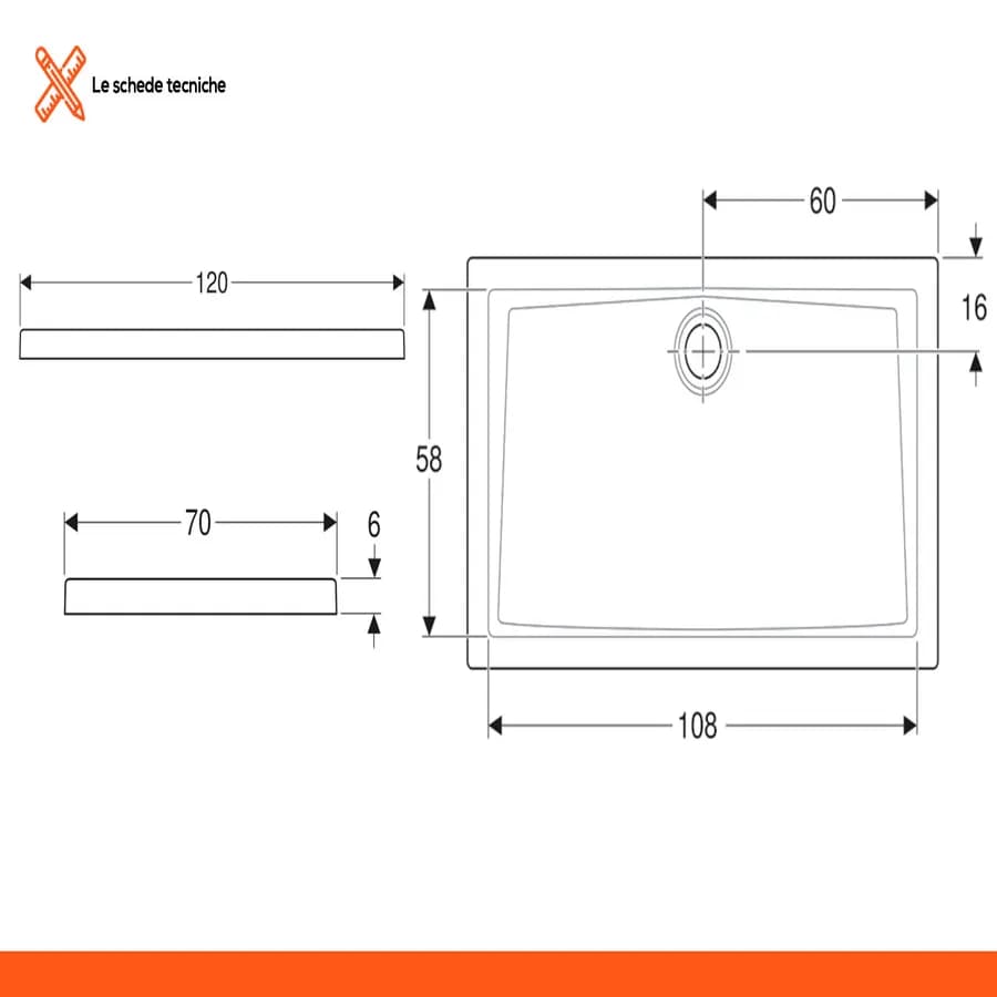 Piatto doccia 120x70 cm Geberit 60 bianco altezza 6 cm antiscivolo