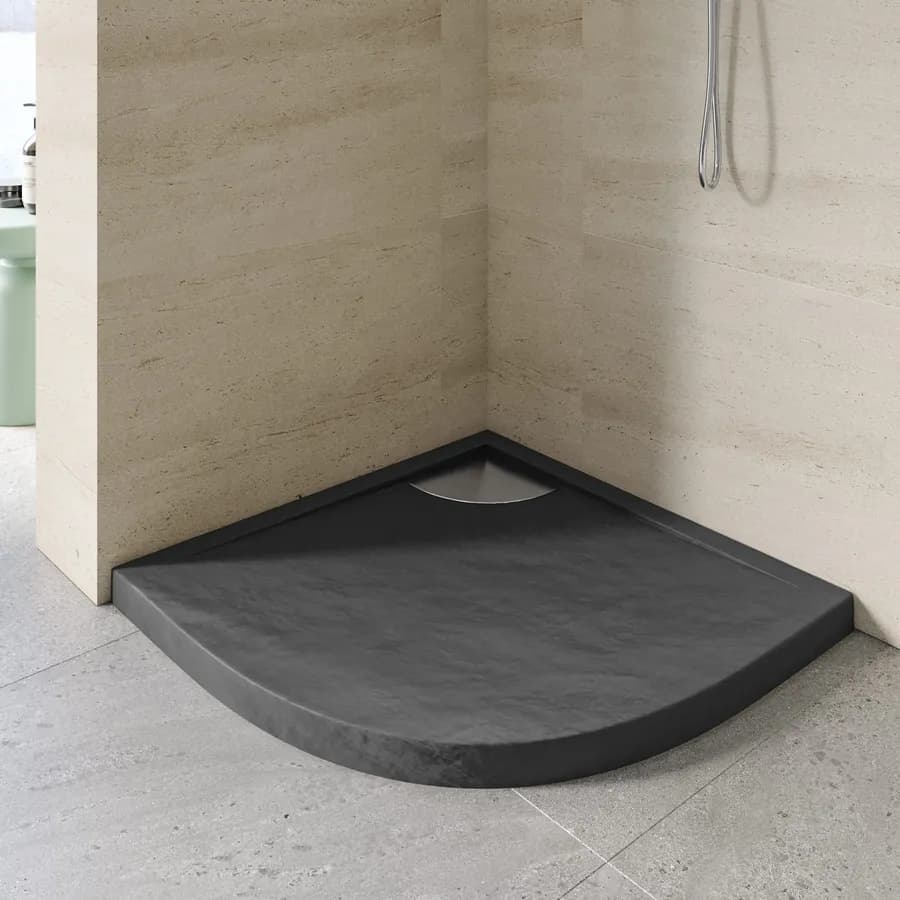 Piatto doccia semicircolare 80x80 cm in acrilico effetto pietra antracite con canalina in acciaio - Denb