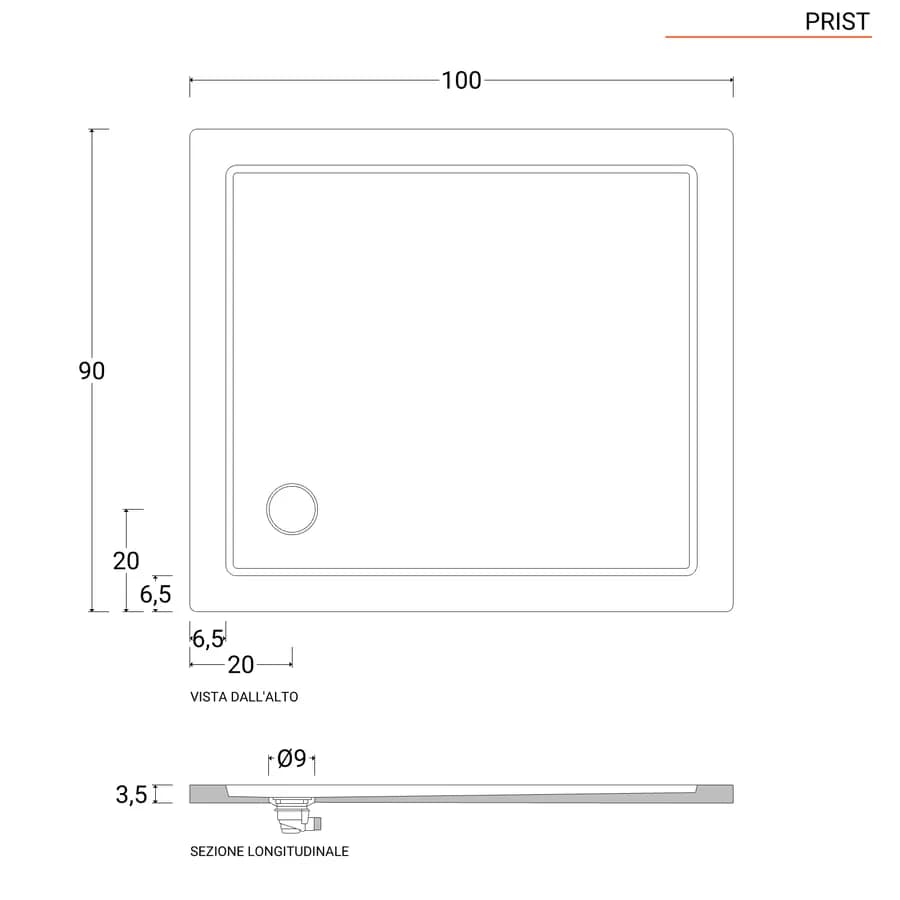 Piatto doccia 90x100 cm ultrapiatto altezza 3,5 cm in policril - Prist
