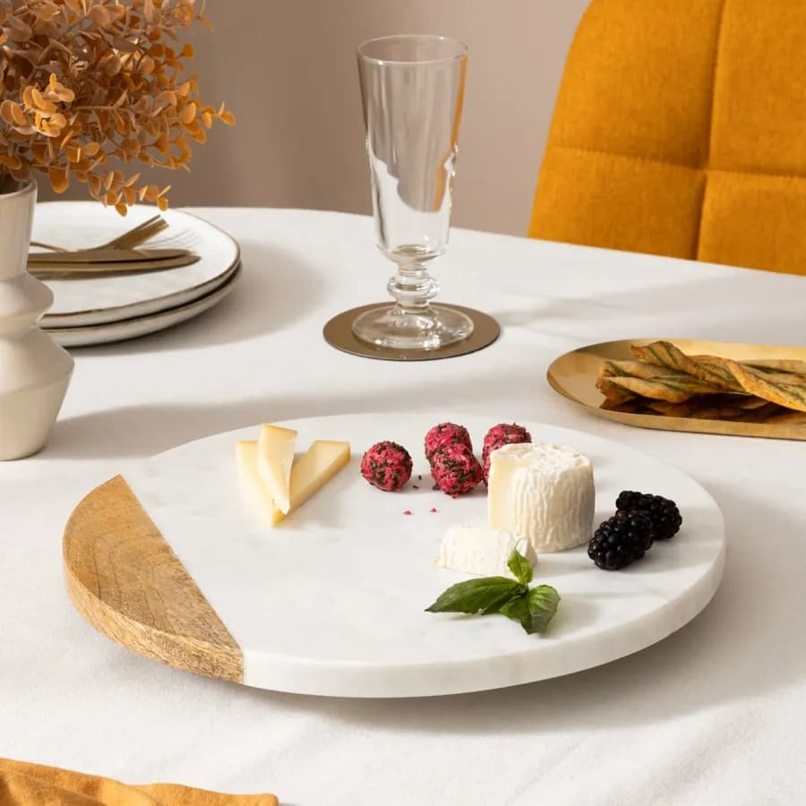 Piatto girevole rotondo 30 cm in legno di mango e marmo bianco