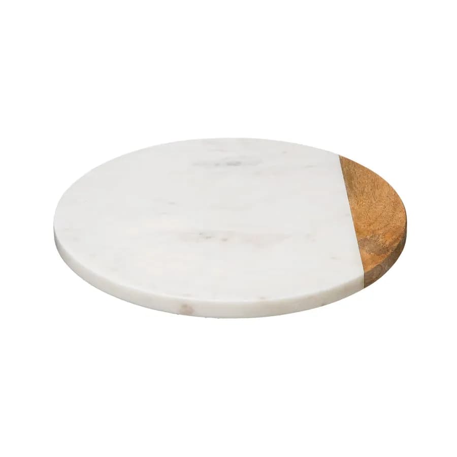 Piatto girevole rotondo 30 cm in legno di mango e marmo bianco