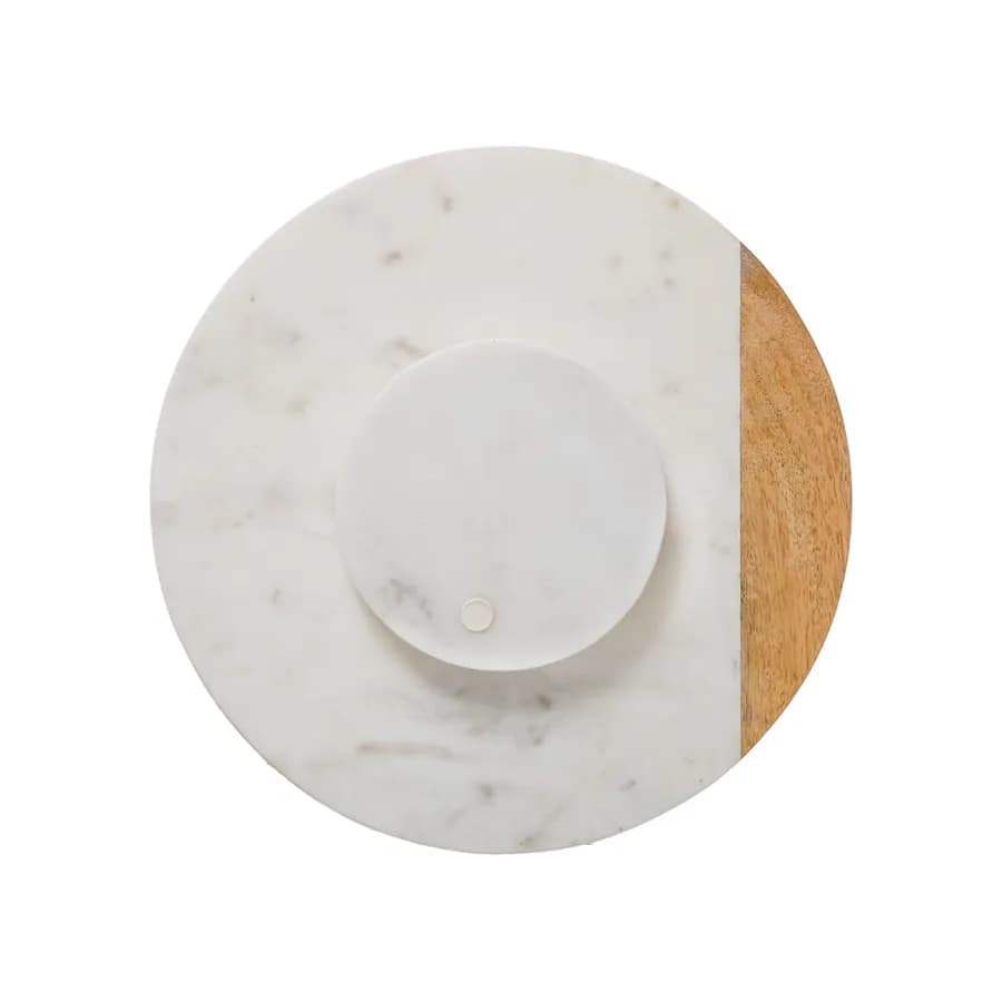 Piatto girevole rotondo 30 cm in legno di mango e marmo bianco
