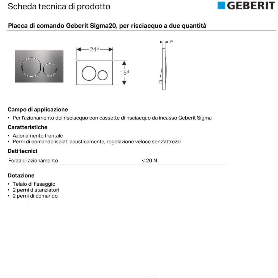 Placca di comando Geberit finitura opaca risciacquo a 2 quantità - Sigma20 round