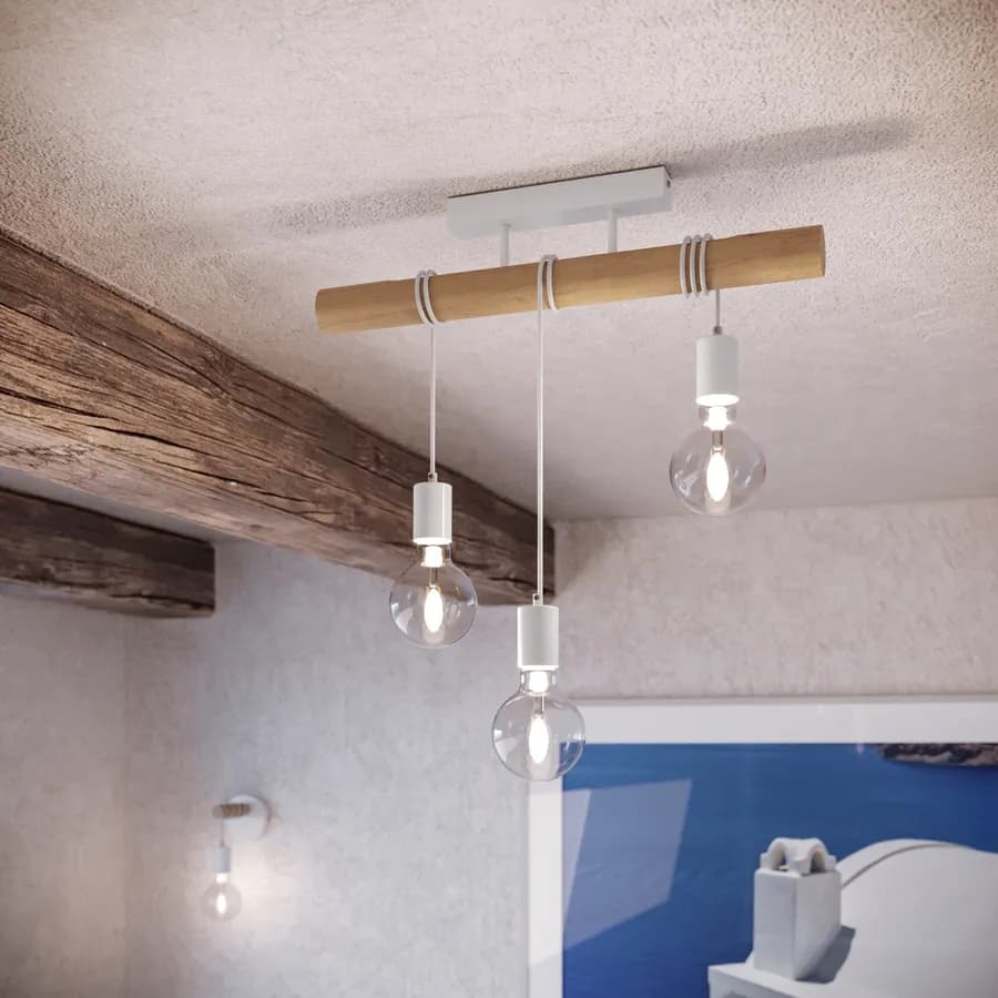 Plafoniera 55 cm in metallo bianco e sostegni in legno