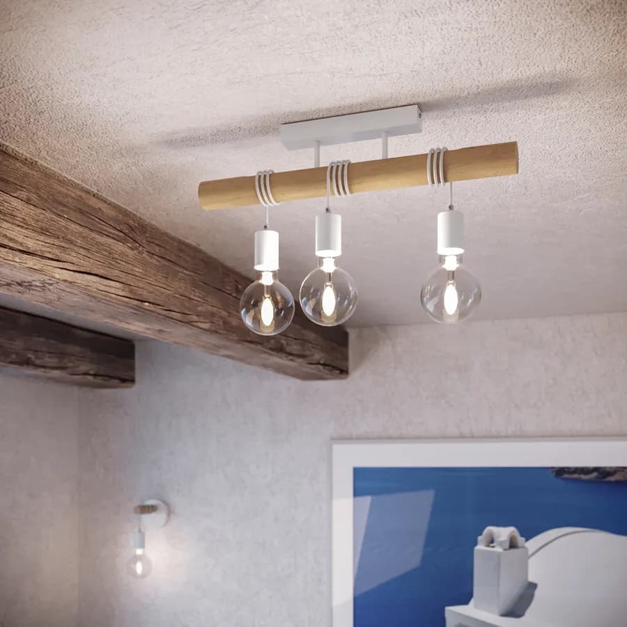 Plafoniera 55 cm in metallo bianco e sostegni in legno