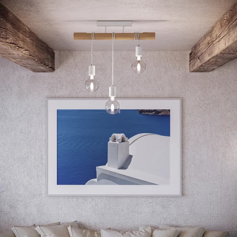 Plafoniera 55 cm in metallo bianco e sostegni in legno