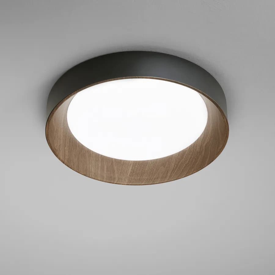 Plafoniera LED rotonda 40 cm in metallo nero e dettagli effetto legno