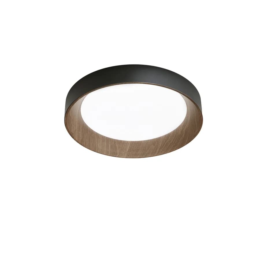 Plafoniera LED rotonda 40 cm in metallo nero e dettagli effetto legno