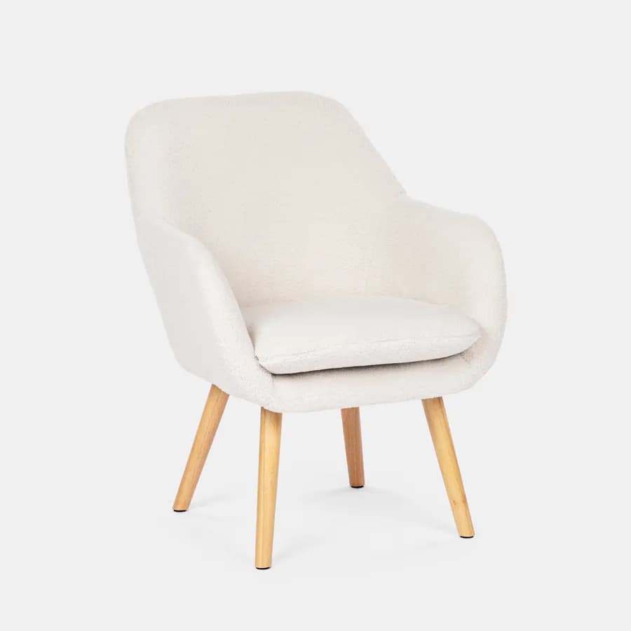 Poltrona in tessuto teddy bianco con gambe in legno - Yisa