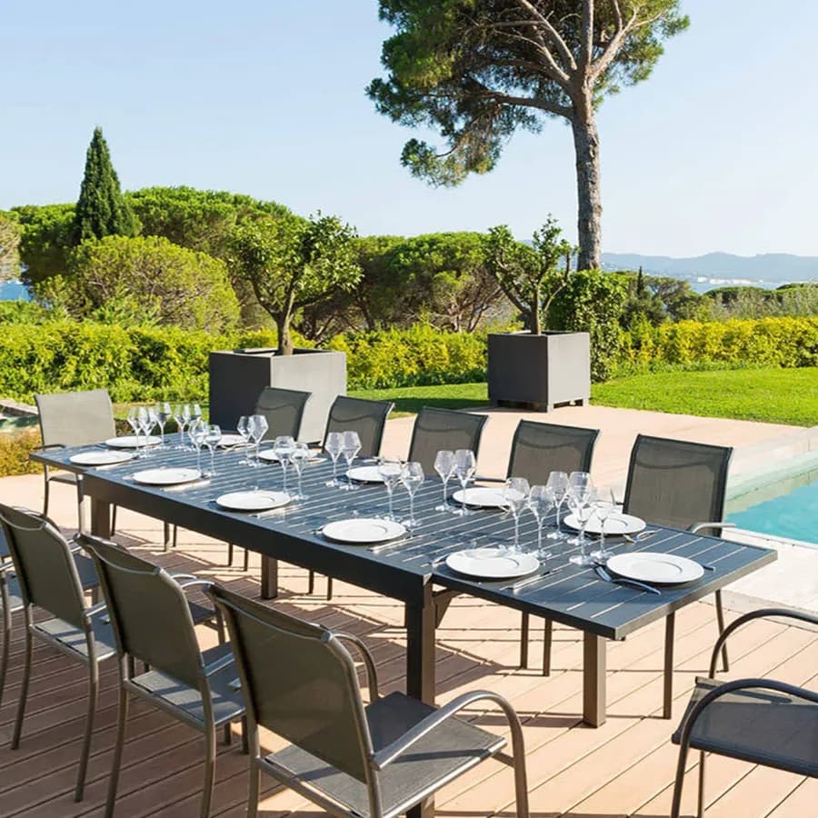 Sedia da giardino con braccioli tondi in alluminio e textilene grigio - Pozar