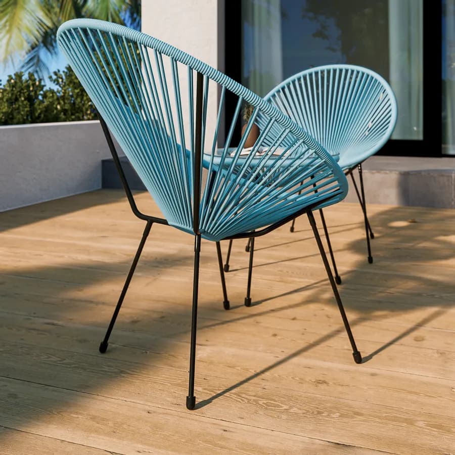 Poltrona da giardino in metallo nero rivestita in corda azzurro - Kalimba