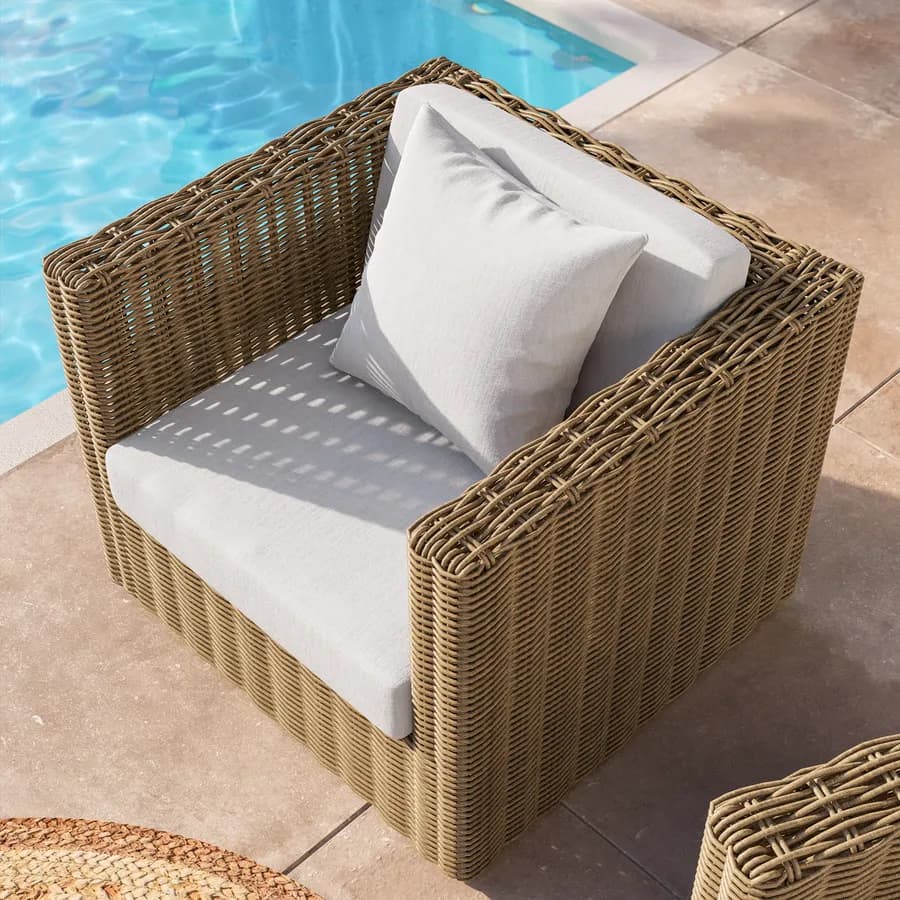 Poltrona da giardino in rattan naturale con cuscino ecrù - Asmira