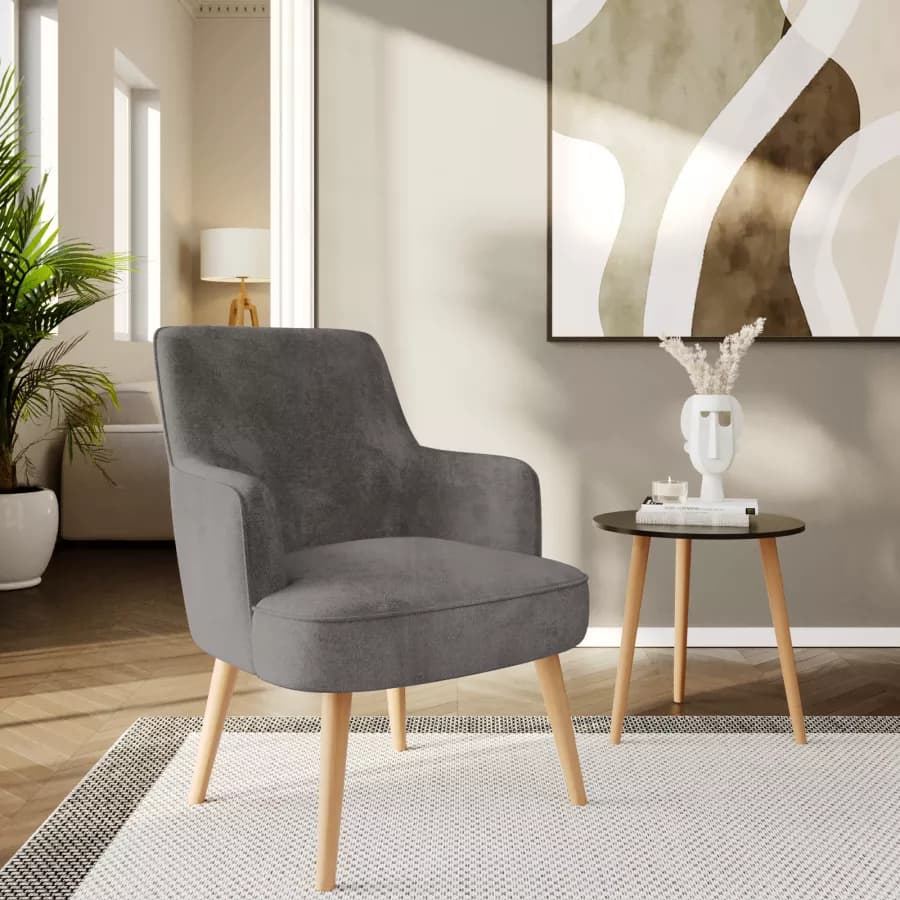Poltrona in velluto grigio scuro con gambe in legno - Elenor