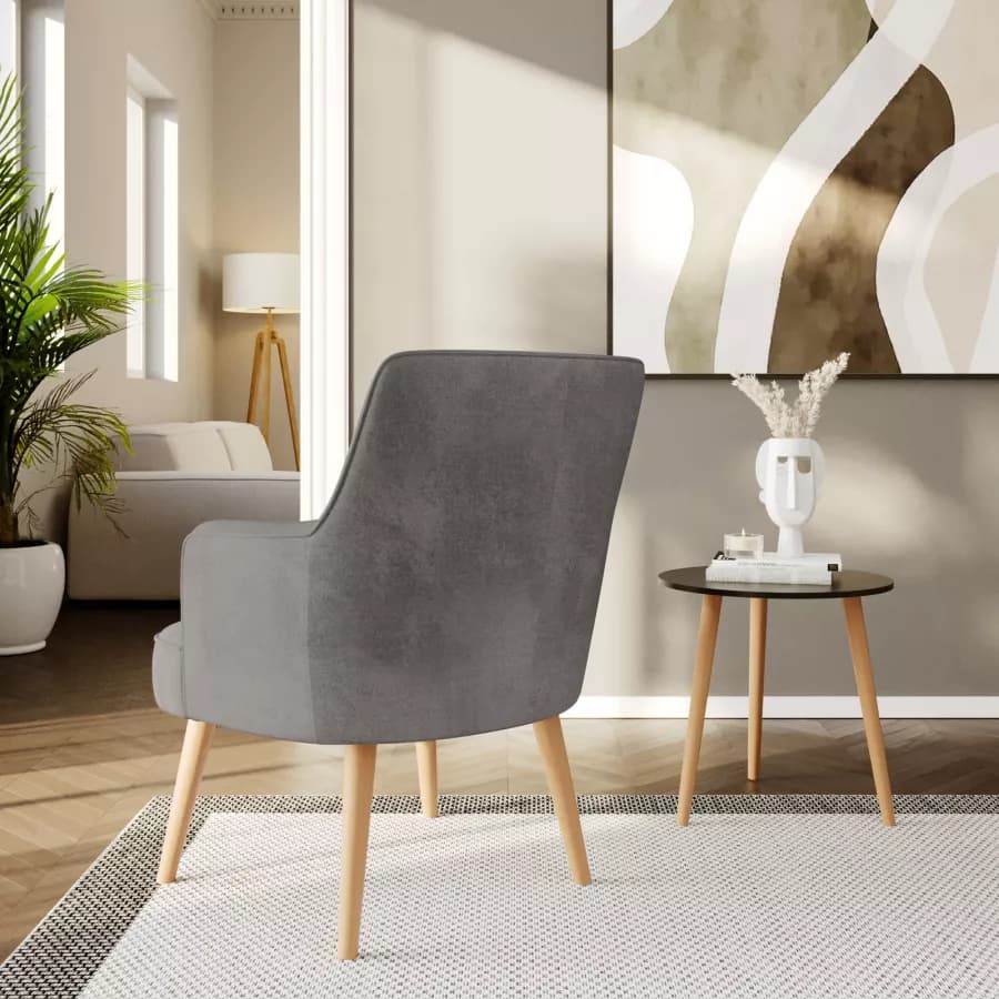 Poltrona in velluto grigio scuro con gambe in legno - Elenor