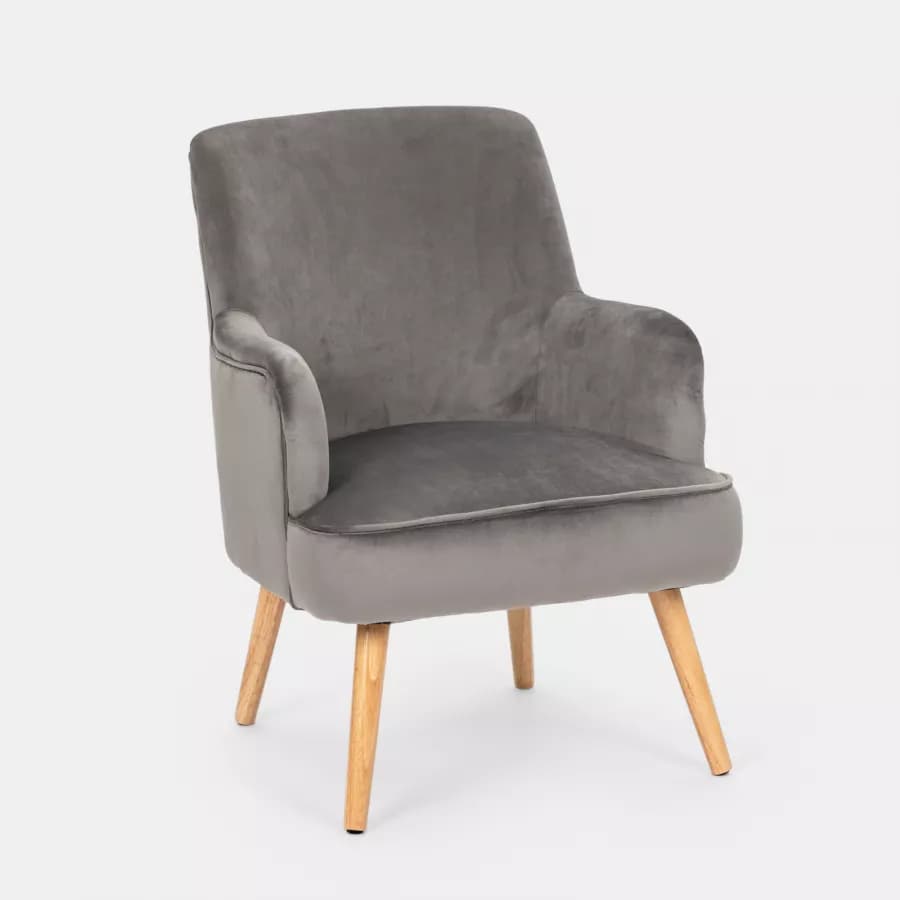 Poltrona in velluto grigio scuro con gambe in legno - Elenor