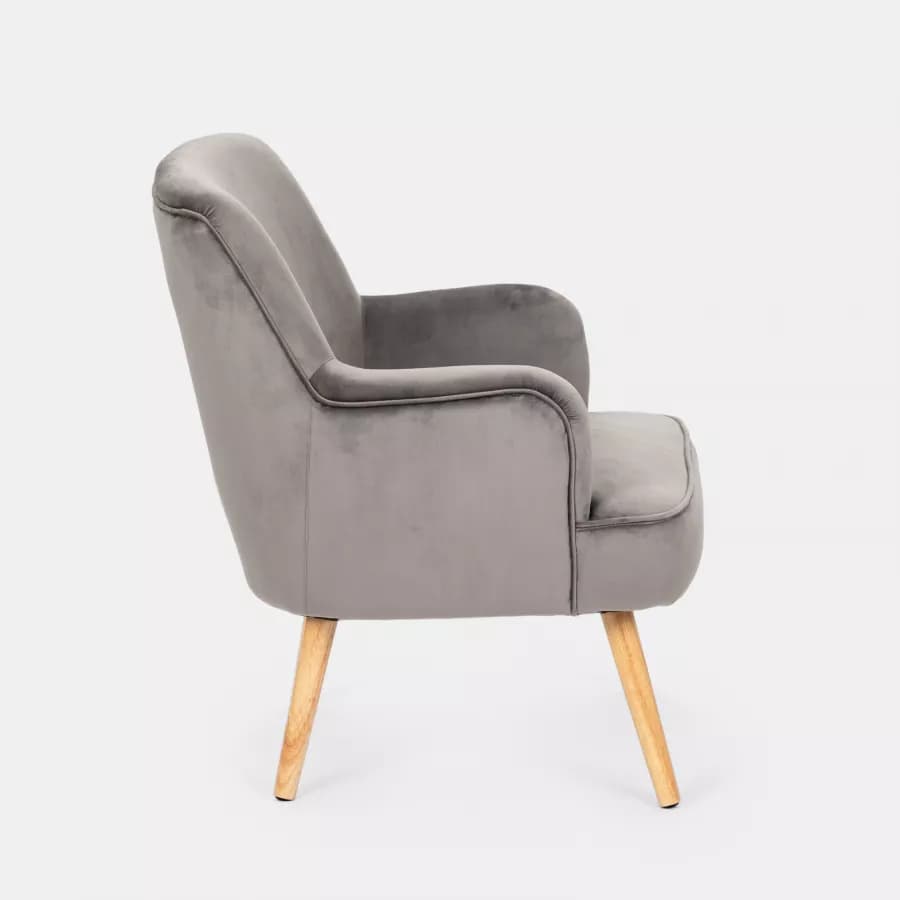 Poltrona in velluto grigio scuro con gambe in legno - Elenor