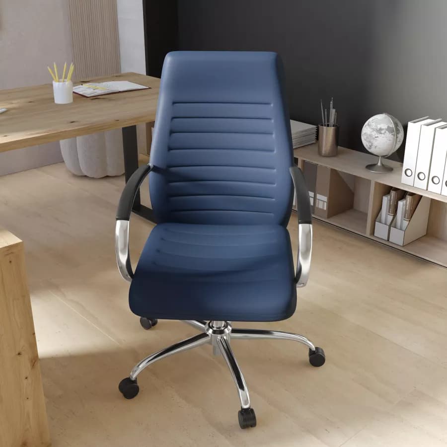 Poltrona da ufficio girevole in similpelle blu con struttura cromo - Supra