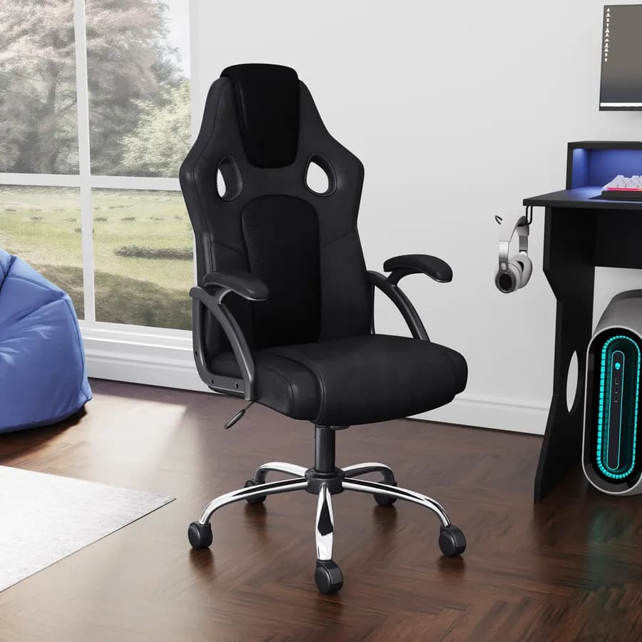 Poltrona da gaming girevole in similpelle nera con schienale ergonomico e braccioli imbottiti - Lambert