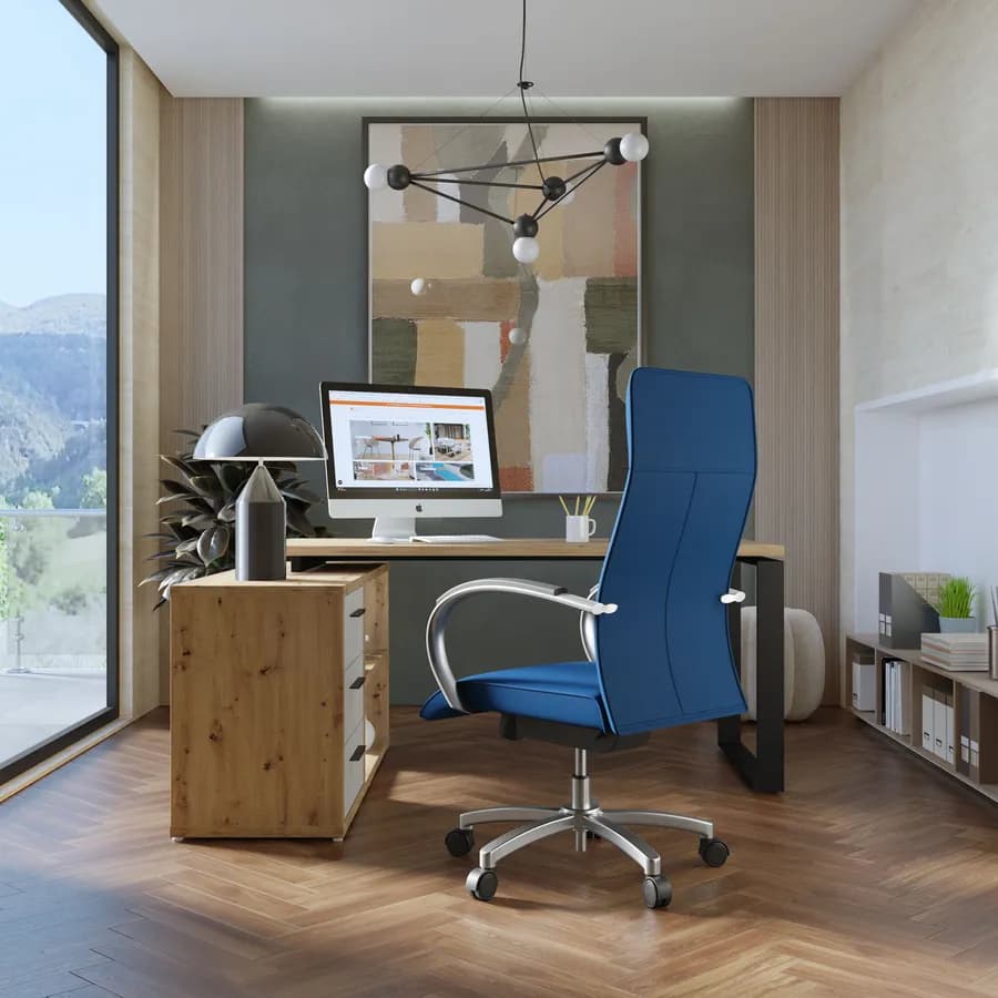 Poltrona girevole da ufficio in similpelle blu con struttura cromo - Flowy