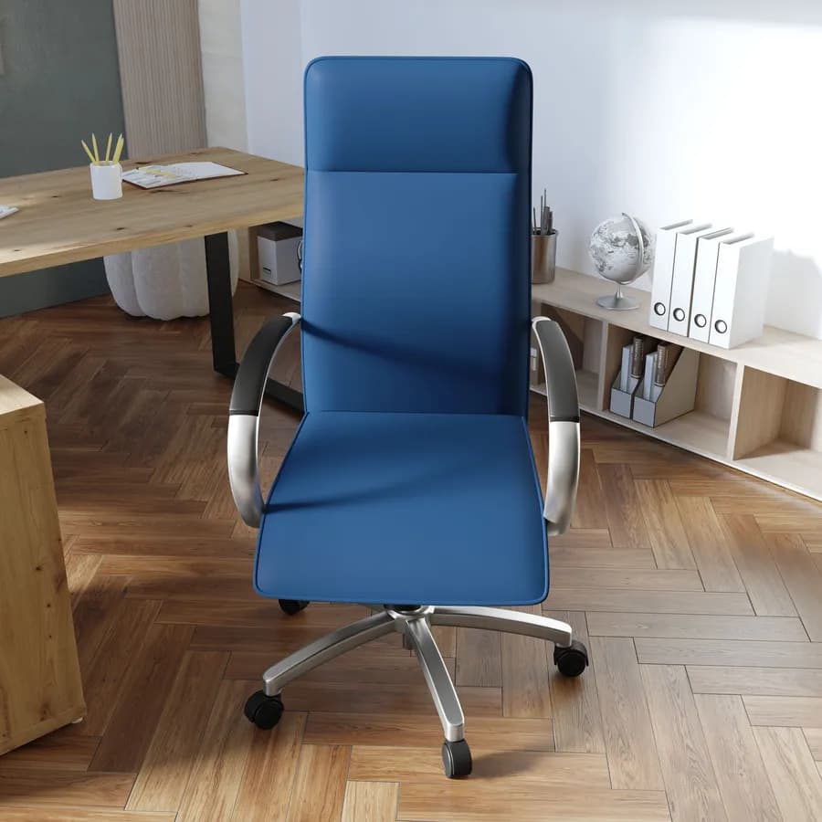 Poltrona girevole da ufficio in similpelle blu con struttura cromo - Flowy