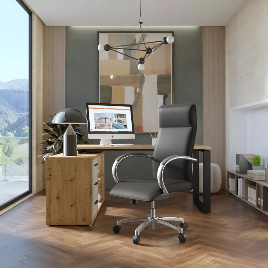 Poltrona girevole da ufficio in similpelle grigio scuro con struttura cromo - Flowy