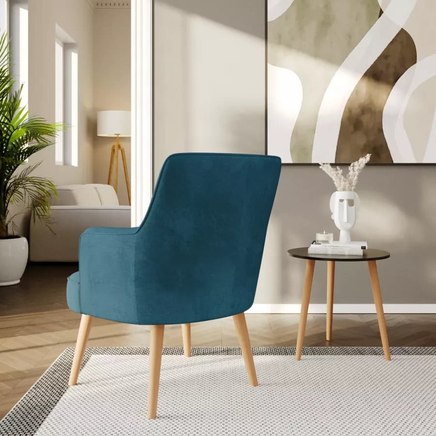 Poltrona in velluto blu petrolio con gambe in legno - Elenor