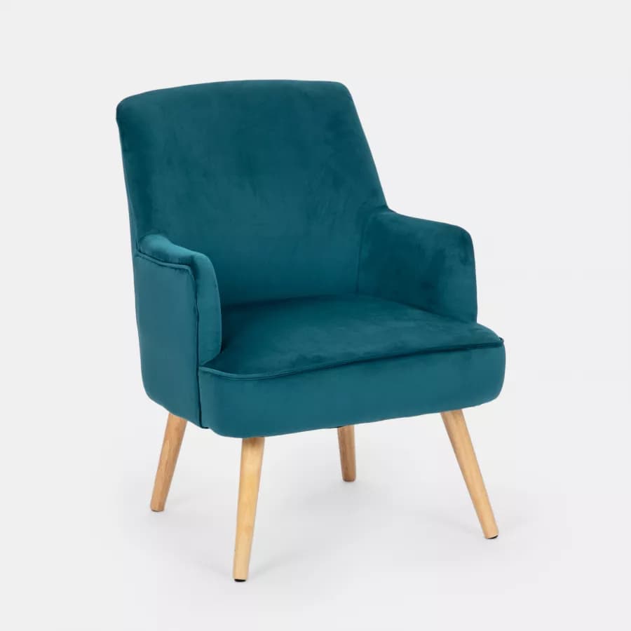 Poltrona in velluto blu petrolio con gambe in legno - Elenor