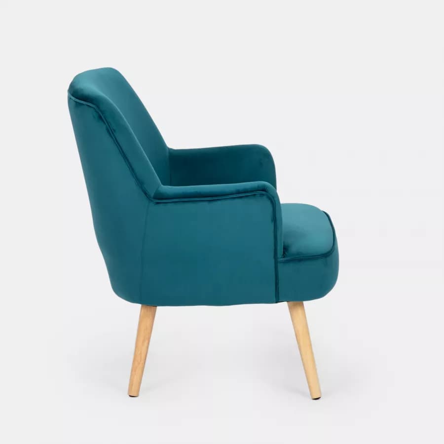 Poltrona in velluto blu petrolio con gambe in legno - Elenor
