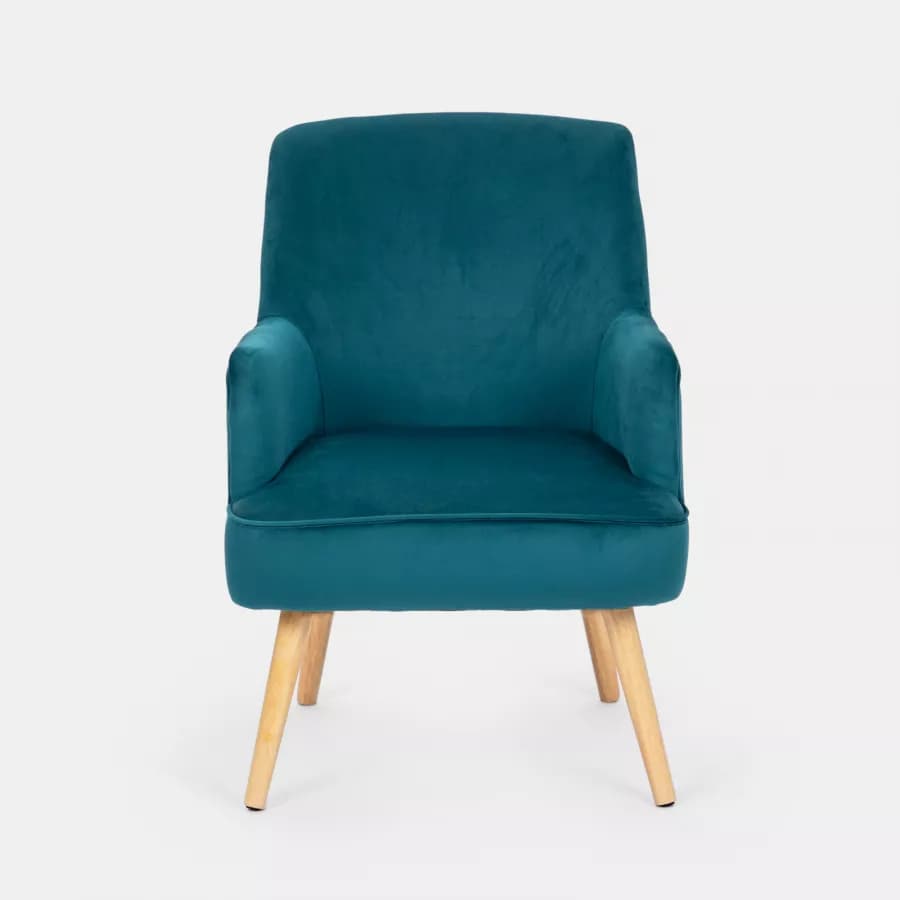Poltrona in velluto blu petrolio con gambe in legno - Elenor