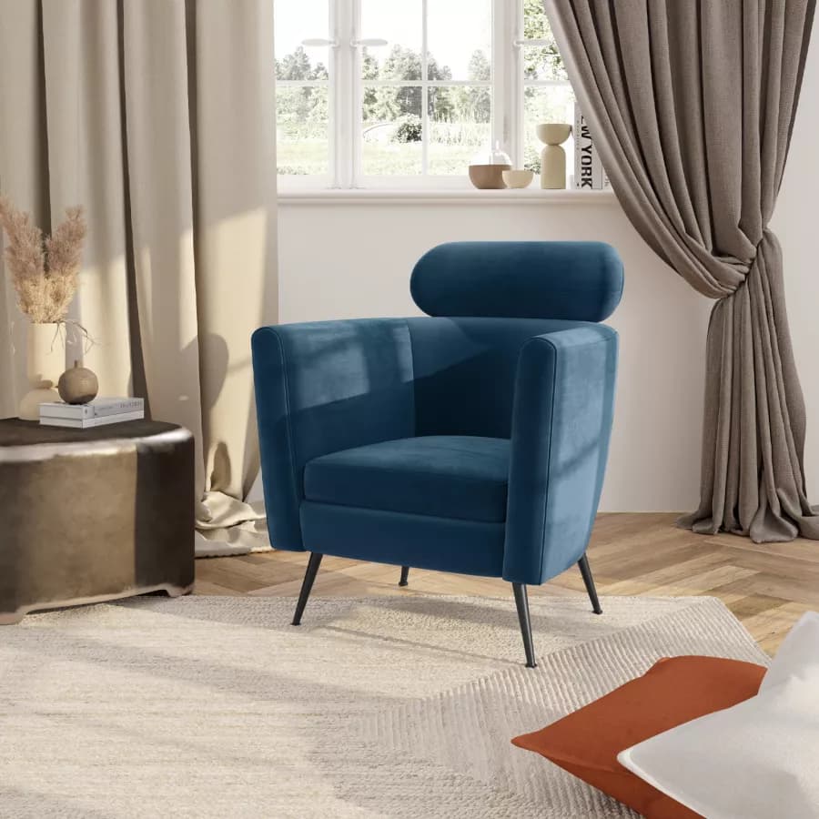 Poltrona con poggiatesta in velluto blu petrolio e gambe in acciaio nero - Maraja