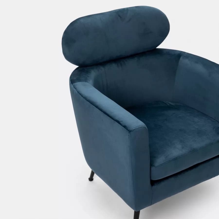 Poltrona con poggiatesta in velluto blu petrolio e gambe in acciaio nero - Maraja