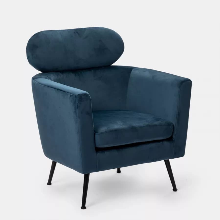 Poltrona con poggiatesta in velluto blu petrolio e gambe in acciaio nero - Maraja
