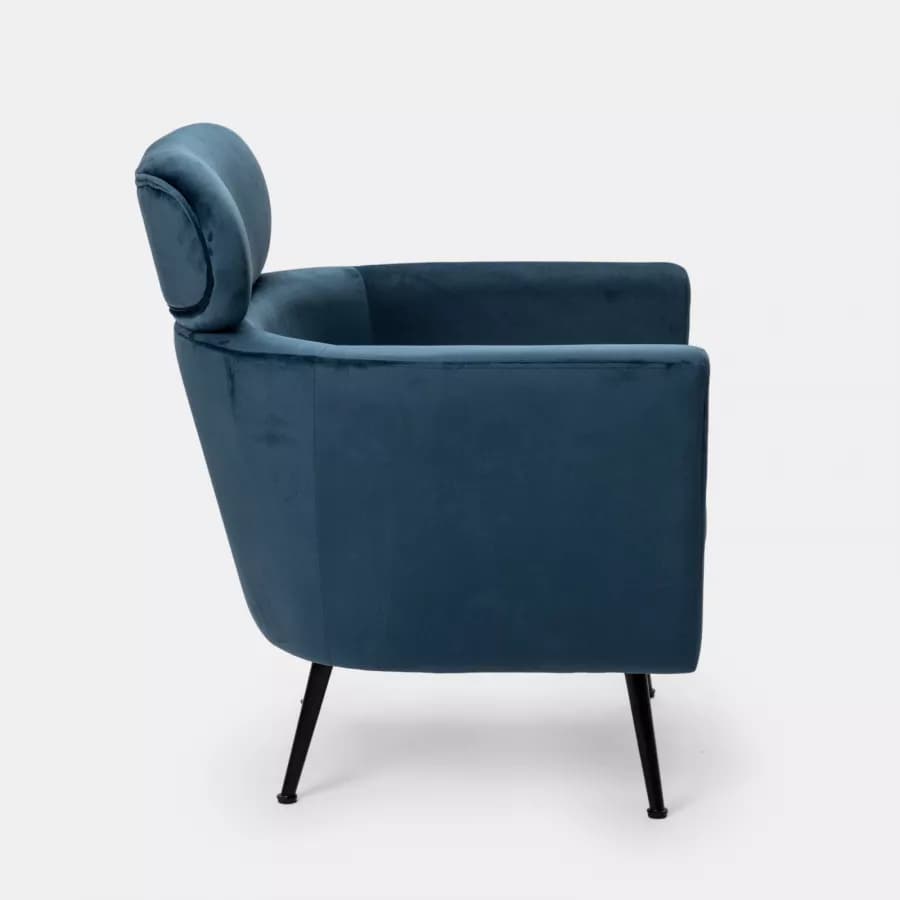 Poltrona con poggiatesta in velluto blu petrolio e gambe in acciaio nero - Maraja