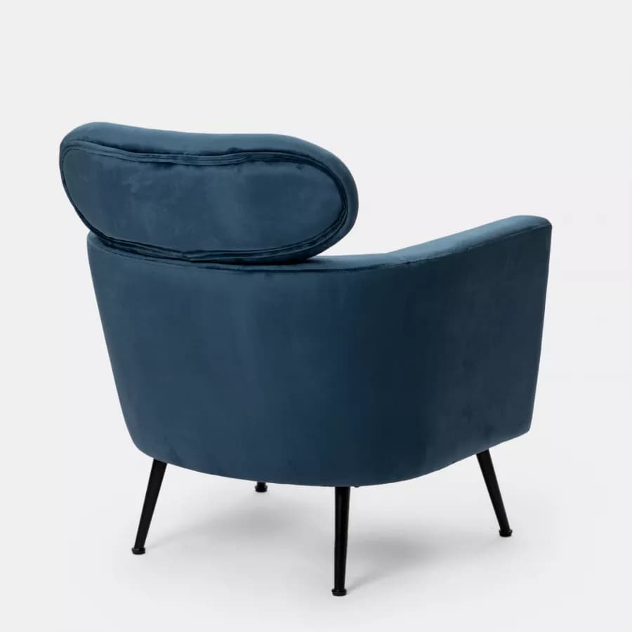 Poltrona con poggiatesta in velluto blu petrolio e gambe in acciaio nero - Maraja