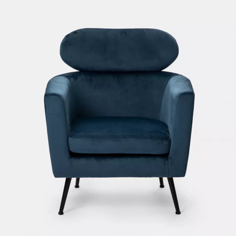 Poltrona con poggiatesta in velluto blu petrolio e gambe in acciaio nero - Maraja