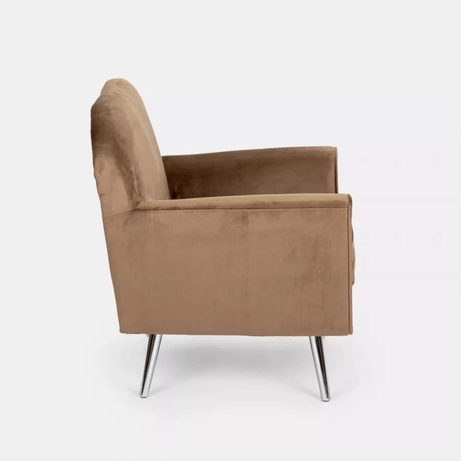 Poltrona in velluto tortora con gambe cromo - Soledad