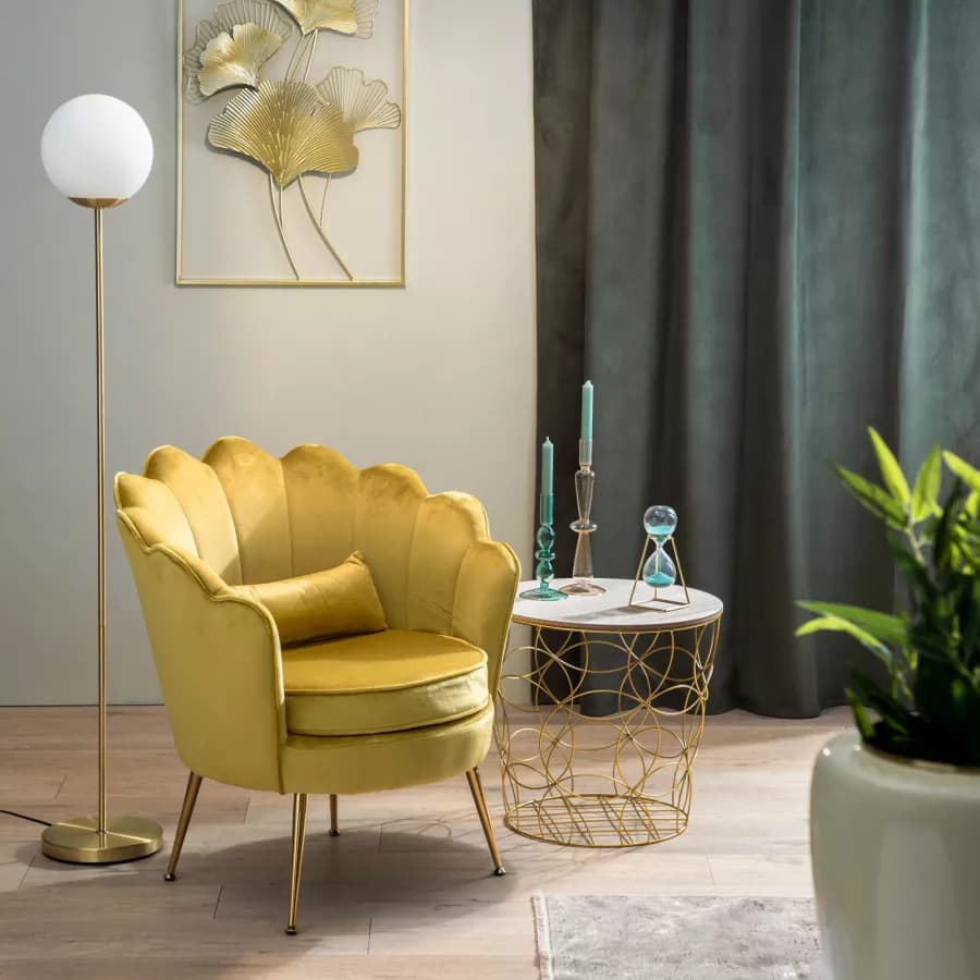 Poltrona in velluto giallo ocra con gambe oro - Oden