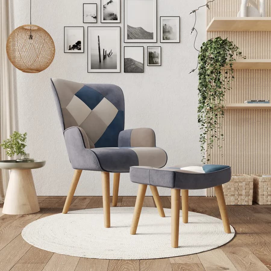 Poltrona scandinava in tessuto patchwork multicolor blu con poggiapiedi - Copenaghen