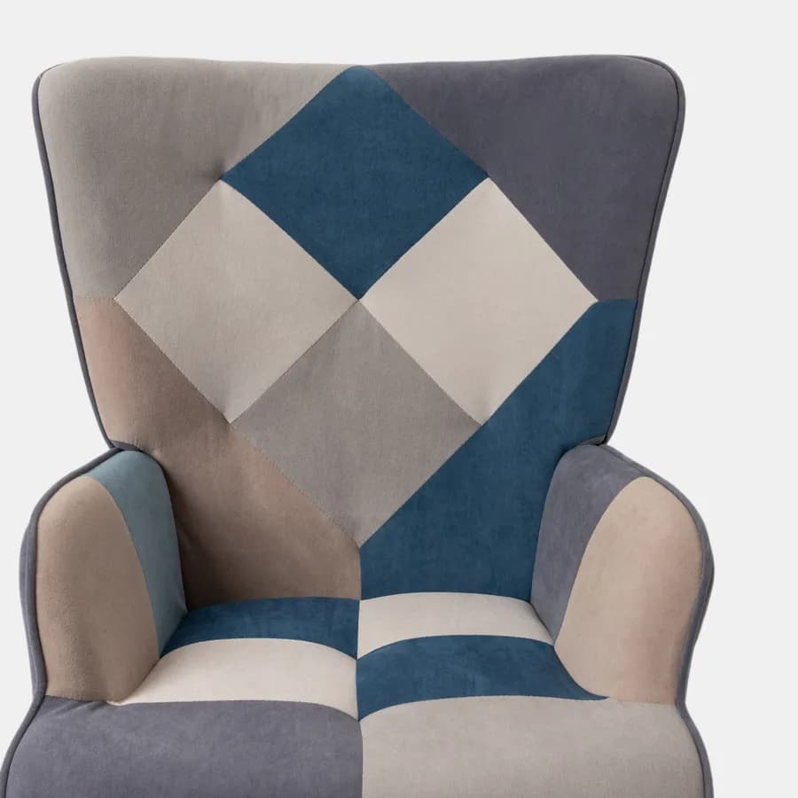 Poltrona scandinava in tessuto patchwork multicolor blu con poggiapiedi - Copenaghen