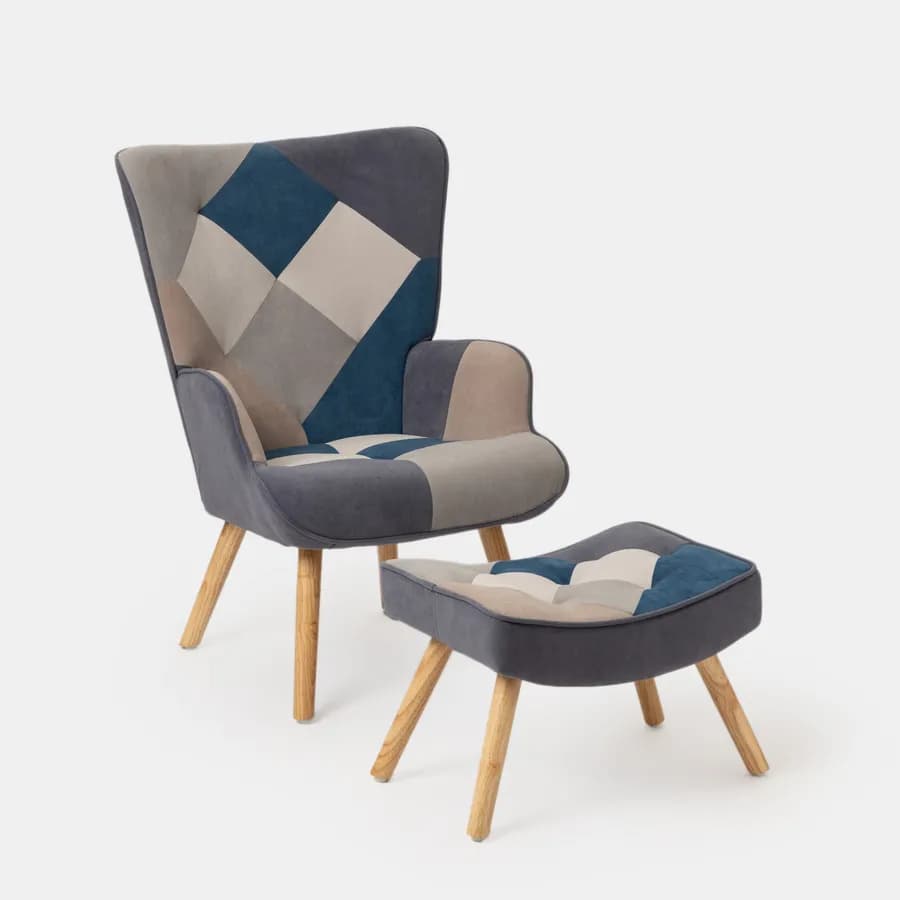 Poltrona scandinava in tessuto patchwork multicolor blu con poggiapiedi - Copenaghen