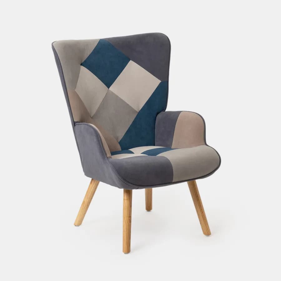 Poltrona scandinava in tessuto patchwork multicolor blu con poggiapiedi - Copenaghen