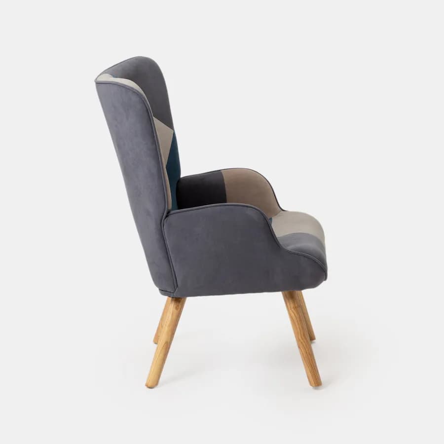 Poltrona scandinava in tessuto patchwork multicolor blu con poggiapiedi - Copenaghen