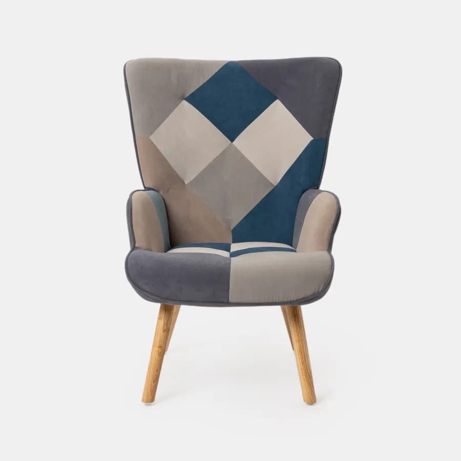 Poltrona scandinava in tessuto patchwork multicolor blu con poggiapiedi - Copenaghen